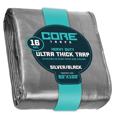 Core Tarps Heavy Duty Tarp, 100 ft L x 0.5 mm H x 50 ft W, 16 Mil, Silver/Black, Polyethylene CT-301-50X100